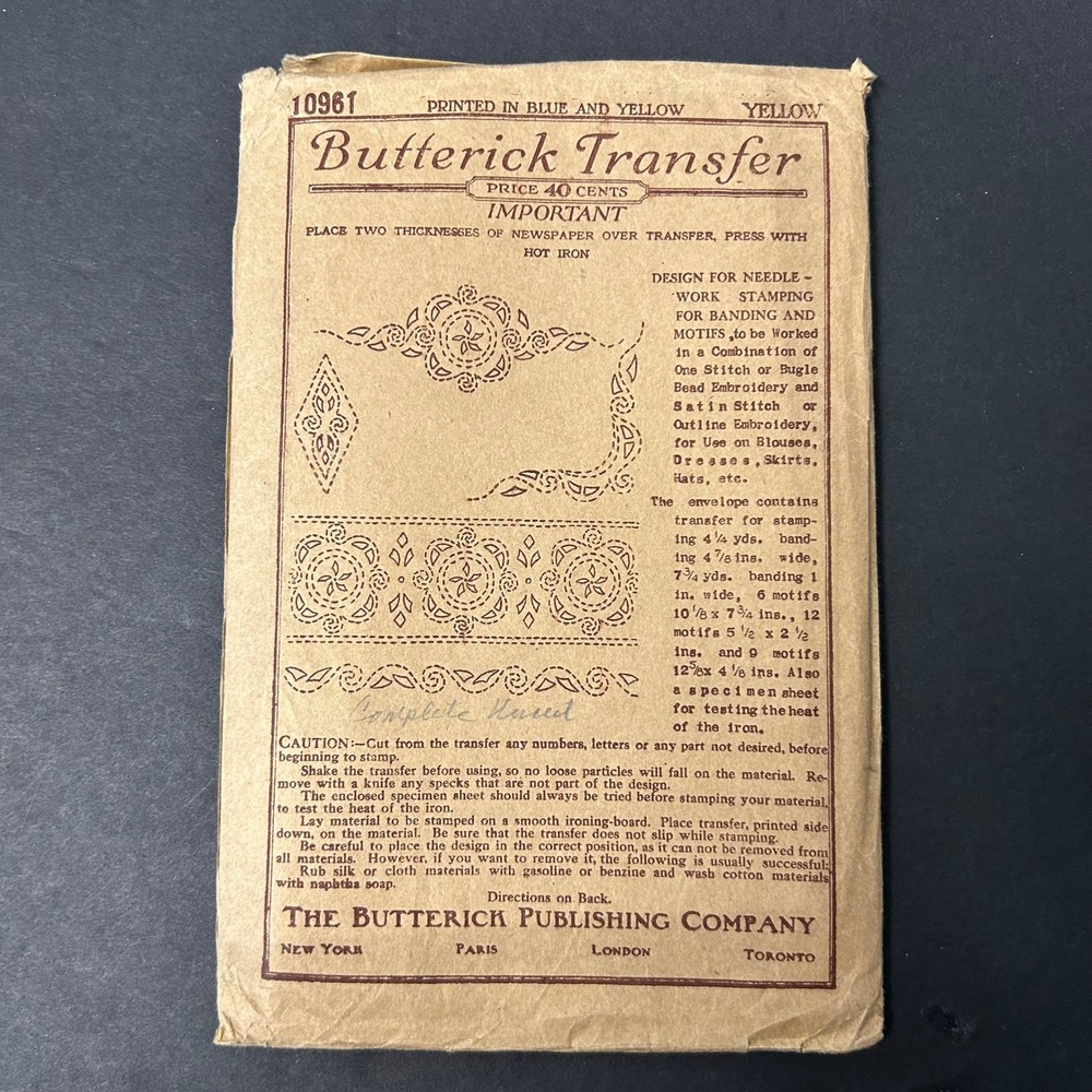 Antique Butterick‎ Transfer 10961 Embroidery Pattern Yellow Floral Motifs